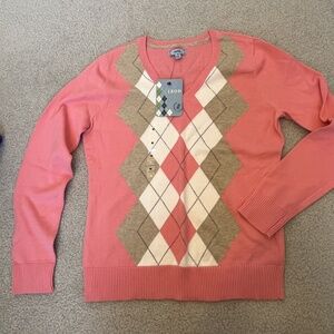 NEW with TAGS Medium Coral Peach Pink Salmon Izod Women's Argyle Sweater Spring
